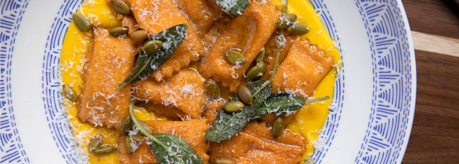 Butternut squash filled agnolotti pasta with brown butter and sage
